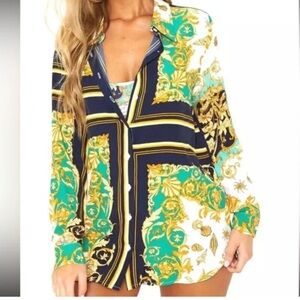 PrettyLittleThing Nautical Shell Chain Print Oversized Button Down Shirt CoverUp